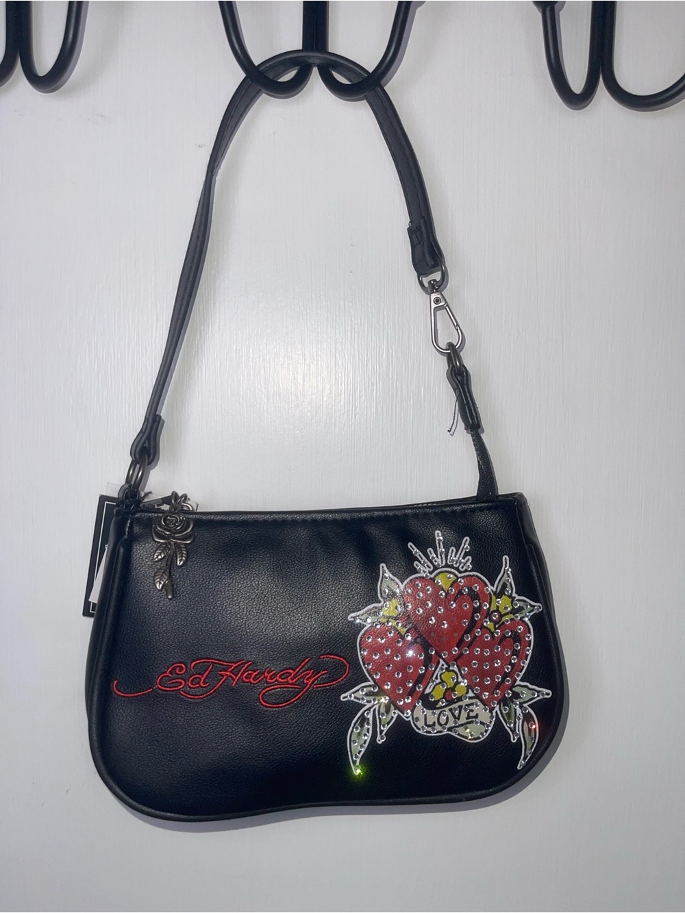 NWT Ed Hardy Black Leatherette Shoulder Bag with Red Heart Design